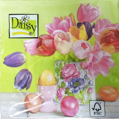 Daisy ubrousky velikonon 3vrstv 33 x 33 cm 20 ks - Pastel Tulips Bouquet with Golden Eg